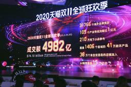 　２０２０年１１月、アリババの「独身の日」セール累計の取引額が４９８２億元に達したことを告げるスクリーン＝中国・杭州市（共同）