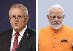 　オーストラリアのモリソン首相（左、ＡＰ＝共同）、インドのモディ首相