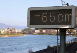 　琵琶湖の水位が基準水位から「マイナス６５センチ」を記録したことを示す電光掲示板＝１７日午前、大津市