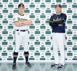 　日本シリーズ開幕を前にポーズをとるオリックス・中嶋監督（左）とヤクルト・高津監督＝１９日、京セラドーム
