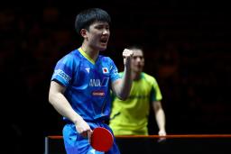 　ウーゴ・カルデラノからポイントを取り喜ぶ張本智和＝シンガポール（ゲッティ＝共同）