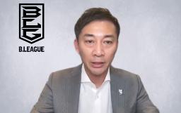 　オンラインで記者会見するバスケットボール男子、Ｂリーグの島田慎二チェアマン＝８日