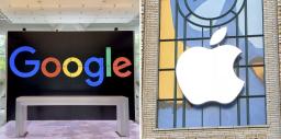 　米国のグーグル、アップルのロゴマーク（共同）