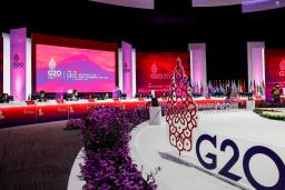 　１８日、インドネシア・ジャカルタで開催された２０カ国・地域（Ｇ２０）財務相・中央銀行総裁会議の会場（ＡＰ＝共同）