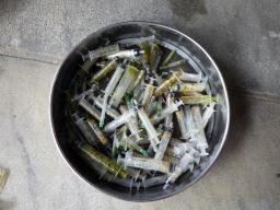 　京都府京丹後市の海岸に漂着しているのが見つかった大量の注射器（第８管区海上保安本部提供）