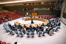 　国連安保理の会合＝４日、米ニューヨーク（国連提供・共同）