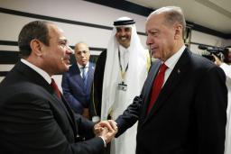 　２０日、カタール・ドーハで、エジプトのシシ大統領（左）と握手するトルコのエルドアン大統領（ロイター＝共同）
