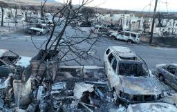 　米ハワイ・マウイ島の山火事で焼け焦げた車や住宅＝１８日、マウイ島西部ラハイナ（ゲッティ＝共同）