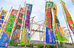 　大相撲名古屋場所の新会場となるＩＧアリーナに掲げられた力士ののぼり＝１２日、名古屋市