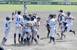 <p>　史上初の４連覇を果たし、喜ぶ中京ナイン＝明石トーカロ</p>