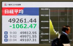 　一時１０００円以上値を下げた日経平均株価を示すボード＝１８日午前、東京都中央区