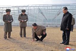 　北朝鮮北西部・新義州周辺で完成間近の温室農場を視察する金正恩朝鮮労働党総書記（左から３人目）＝２６日（朝鮮中央通信＝共同）