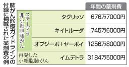 　肺がん診療ガイドラインの付録に掲載された薬剤費の例