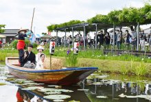 【動画あり】新郎新婦の門出祝福　嫁入り舟で園内巡る　香取・あやめパーク
