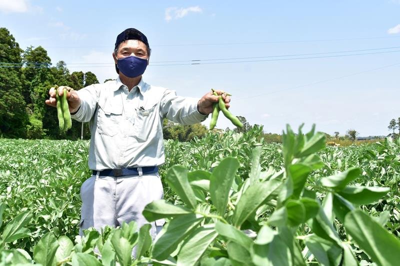 新鮮なソラマメを手にＰＲする三上さん＝いすみ市岬町押日
