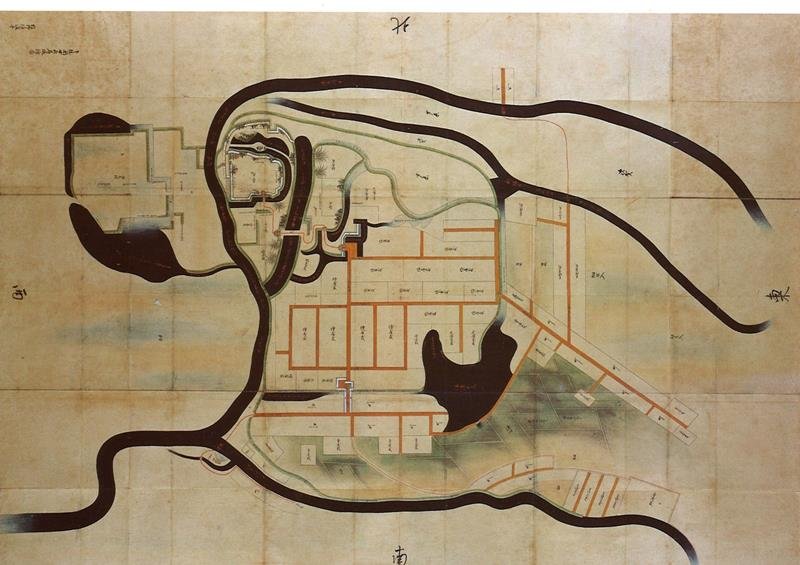 江戸時代初期の関宿城と城下町を描いた絵図です。画面左下に関所が記されています（「諸国城郭絵図のうち下総国世喜宿城絵図」複製　原品は国立公文書館蔵）
