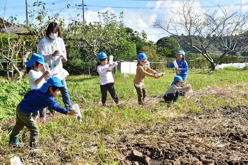 田んぼにレンゲソウの種をまく園児ら＝大多喜町下大多喜
