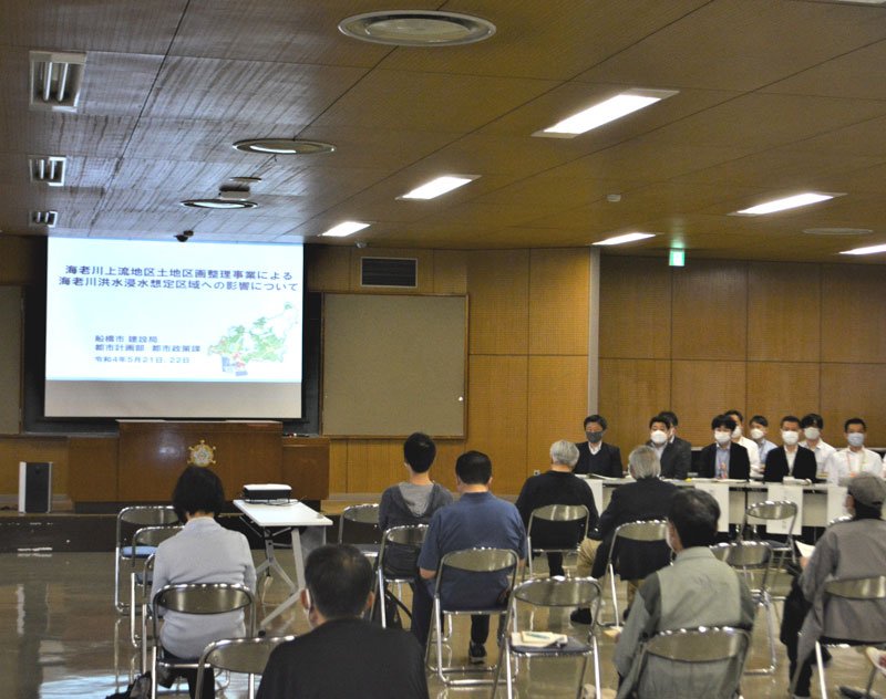 海老川上流地区の区画整理事業の大雨時想定などを巡って船橋市が開いた市民説明会＝２１日、同市消防局講堂