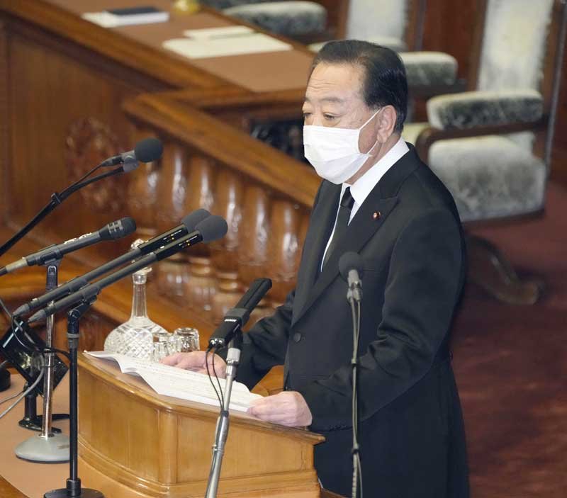 衆院本会議で安倍元首相の追悼演説をする立憲民主党の野田元首相＝２５日午後（共同）