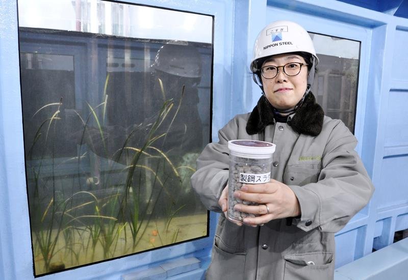 実験水槽を披露する日本製鉄の小杉知佳研究員＝昨年１２月、富津市
