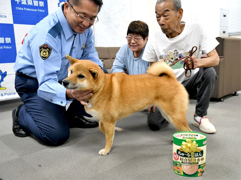 高齢女性の保護に貢献し、成田署の鳥山署長（左）からドッグフードを贈られた柴犬むぎと飼い主の樋口夫妻＝成田市