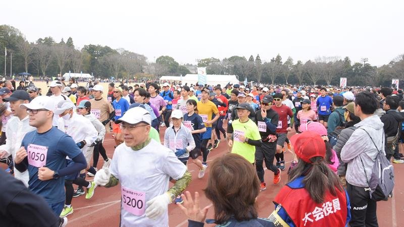 佐倉マラソンでメイン会場を出発するランナーと声援を送る観衆＝２４日、佐倉市岩名の小出義雄記念陸上競技場
