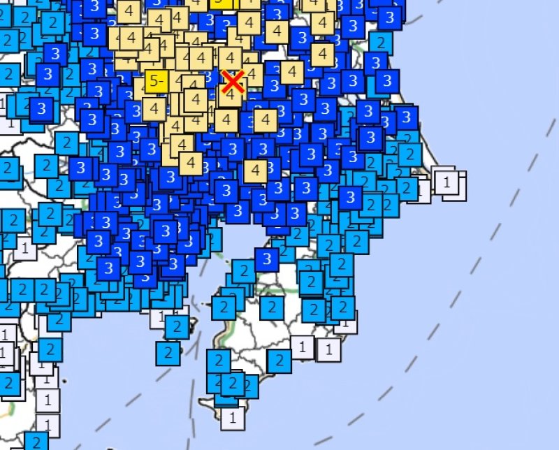 ２１日午前９時８分ごろに発生した地震の震度分布（気象庁ホームページより）