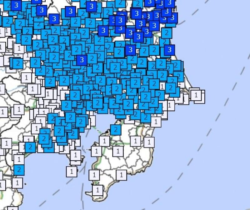 １５日午前０時１５分ごろ発生した地震の震度分布（気象庁ホームページより）