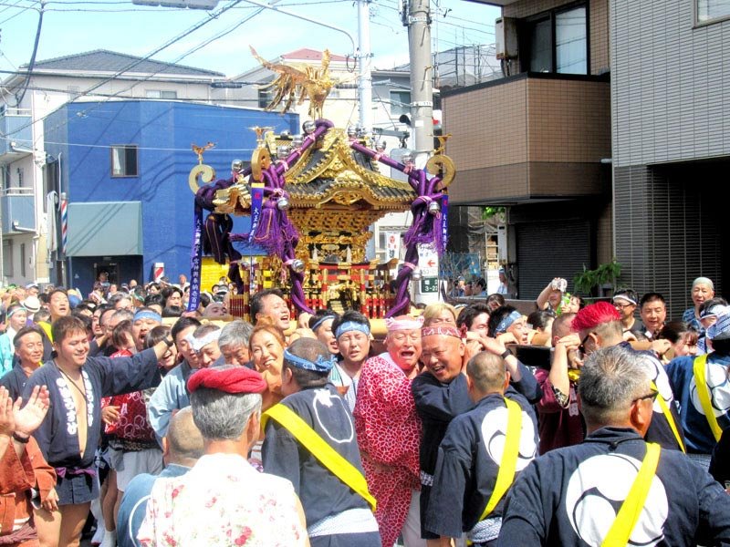 ８年ぶりの祭りでみこしを担ぐ人たち＝１５日、浦安市