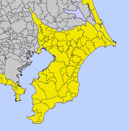 黄色が注意報の対象地域（気象庁ホームページより）