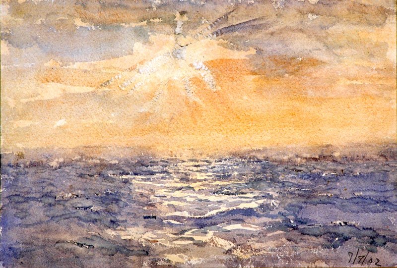 浅井忠《洋上の夕陽》１９０２年、水彩・紙