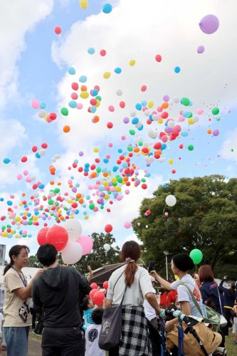 参加者の思いが込められた風船が空を彩った＝１８日、東金市
