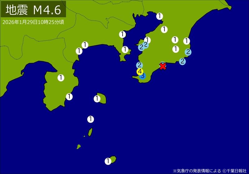 午前１０時２５分ごろ発生した地震の震度分布図