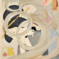 福田美蘭《風俗三十二相　けむさう　享和年間内室之風俗》印刷物にアクリル絵具、ミクストメディア　２０２０年

