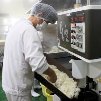 ２度蒸した米を餅つき機に入れる大极さん