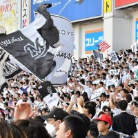 ＺＯＺＯマリンスタジアムの右翼席から声援を送る千葉ロッテファン＝７日、千葉市美浜区
