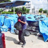 市民の車に土のうを運ぶ市職員＝１５日午前９時ごろ、茂原市