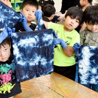 園児いきいき藍染め挑戦　バンダナを鮮やかな柄に　神崎
